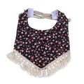 Floral baby bib with vintage fringe and velcro closure in dark blue cotton fabric - Black Print