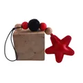 Red leather star keychain with wooden beads and a black knitted yarn ball charm - Red