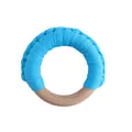 Handmade baby teether toy with blue braided cotton rope on a natural wooden ring - Blue