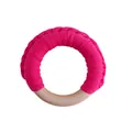 Handmade wooden baby teether ring with pink crocheted cotton rope texture for grip - Rose Red