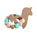 Unicorn beech wood and macaron silicone bead teething ring for baby sensory play - Unicorn Style