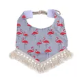 Gray baby bib with white polka dots, red flamingo prints and cotton fringe tassel detail - Gray Flamingo