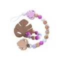 Pink and purple beech wood and silicone baby pacifier clip set with a leaf teether - Set / Light Purple