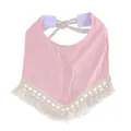 Pink cotton baby bib with flamingo print and bohemian white tassel fringe trim - Pink