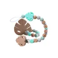 Baby pacifier chain with mint green silicone beads and wooden monstera leaf teether - Set / Mint Green
