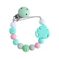 Baby pacifier clip with mint green silicone leaf and colorful crochet beads - Mint Green