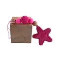 Star-shaped keychain featuring rose pink leather, silicone beads, and natural wood accents - Rose Red