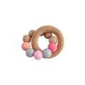 Macaron color baby teething ring with natural beech wood and soft silicone beads - Pink