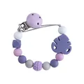 DIY baby pacifier clip with purple silicone beads and a crochet ball on white background - Lilac Purple