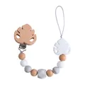 Baby pacifier clip with beech wood leaf buckle and marble pattern silicone beads - White