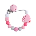 Pink Monstera leaf baby pacifier clip with silicone beads and crochet textures - Pink