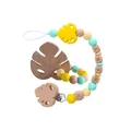 Mint and yellow silicone bead pacifier clip with beech wood leaf teether and baby print - Set / Yellow