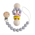 Pink and grey silicone beads baby teether rattle and matching wooden pacifier clip set - Gray