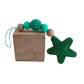 Green star keychain with crochet bead, silicone beads and natural wooden elements - Dark Green
