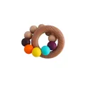 Silicone and beech wood baby teether ring with orange, teal, and purple beads - Orange