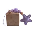 Purple handmade baby teether clip with wooden beads, crochet ball and leather star - Purple