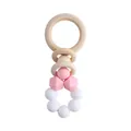 DIY baby teether toy with pink silicone beads and natural wooden rings handle - Pink