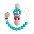 Baby wooden rattle and teal silicone pacifier clip set for infant sensory grasping - Christmas Green