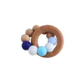 Baby teether bracelet featuring blue macaron silicone beads and a natural beech wood ring - Blue