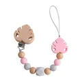 Pink silicone and beech wood leaf pacifier clip with marbled beads for babies - Pink