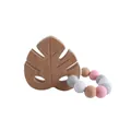 Silicone and beech wood pacifier clip with monstera leaf pendant in pink and grey - Teething Gelatin / White