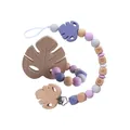 Silicone and beech wood baby pacifier clip with leaf teether in purple and pink - Set / Lilac Purple