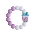 Purple and white silicone baby teether bracelet with a cartoon bubble tea charm - Milk Tea Cup
