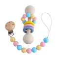 Wooden baby rattle and macaron silicone pacifier clip set for sensory grasping play - Yellow