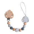 Baby pacifier clip with beech wood leaf and grey silicone beads in Nordic style - Gray