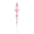 Pink and white silicone pacifier clip with angel heart wings and crochet bead detail - Pink