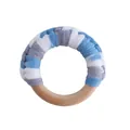 Baby wooden teething ring with handmade blue, white and gray braided cotton rope - White Gray Blue Mixed