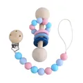 Pastel silicone bead pacifier clip and wooden rattle set for infant sensory play - Blue