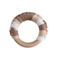 Handmade wooden baby rattle ring with khaki striped woven cotton cord for teething - White Coffee Mixed