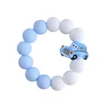 Baby silicone teething bracelet with blue and white beads and a cartoon car charm - Car