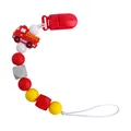 Silicone baby pacifier clip with cartoon fire truck and colorful beads on white background - Pacifier Clip / Red