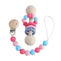 Baby teether toy set with pink and blue silicone beads, wooden rattle and pacifier clip - Deep Pink