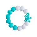 Silicone baby teething bracelet with teal and white beads and a cute turtle pendant - Turtle