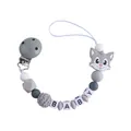 Silicone pacifier clip with grey fox bead and knit beads in white and grey - Gray Pacifier Clip