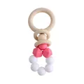 Pink and white silicone baby teether rattle with natural wooden rings for soothing gums - Deep Pink