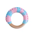 Handmade wooden baby teething ring with pink and light blue braided cotton rope - Pink Blue Mixed