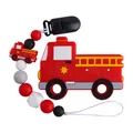 Baby red fire truck silicone teether clip with colorful beads for soothing gums - Fire Truck Teether And Pacifier Clip / Black
