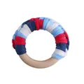 Baby wooden teething ring with red and navy hand-woven cotton rope for grip training - Mixed Red Blue and White