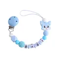 Sky blue and white silicone pacifier clip with baby letter beads and a cute fox charm - Blue Pacifier Clip