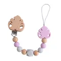 Pink silicone and beech wood baby pacifier clip with monstera leaf charm and beads - Light Purple