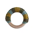 Handmade baby wooden teething ring with olive green and yellow striped woven fabric - Ginger Yellow Mixed