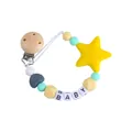 Silicone baby pacifier chain with yellow star bead and BABY letter cubes on white - Yellow