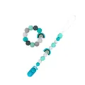 Rainbow silicone baby teether ring and pacifier clip set in mint green and white - Lake Blue