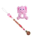 Pink elephant silicone teether set with a personalized wooden baby pacifier clip chain - Pink