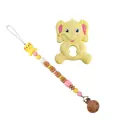 Yellow elephant silicone teether and matching wooden baby beaded pacifier clip chain - Yellow