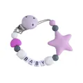 Purple and grey silicone pacifier clip with star pendant and BABY letter beads - Purple